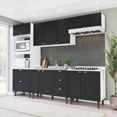 Imagem de Cozinha Pérola Completa 5 Peças Torre Quente Aéreo 3 Portas Balcão 120 Balcão 80 e Basculante Yescas Branco/Preto