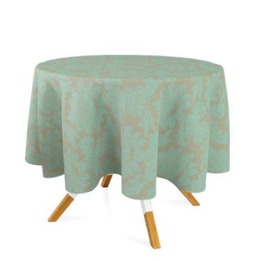 Imagem de Toalha de Mesa Redonda em Tecido Jacquard Dourado e Turquesa Medalhão 
