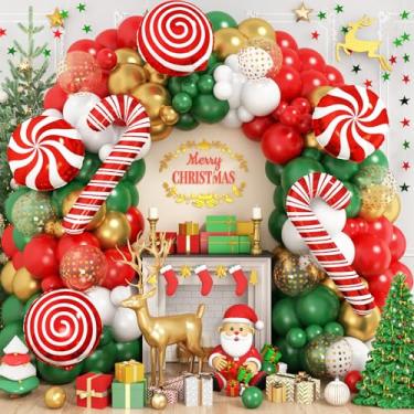 Imagem de Kit de arco de guirlanda de balões de Natal com 167 peças, kit de arco de balões de ouro branco vermelho verde e branco com grande bastão de doce, balões de folha de Mylar, balões de guirlanda de