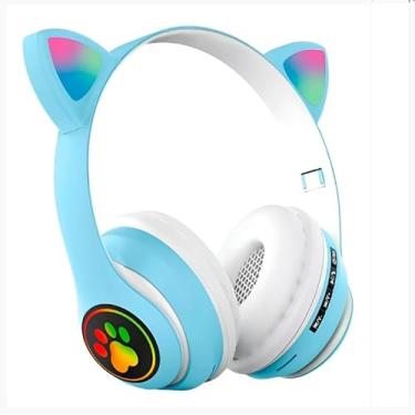 Imagem de Fone Headset Bluetooth Colorido Com LED Sem Fio Gatinho (Azul)
