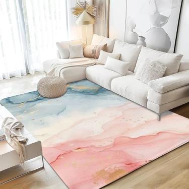 Imagem de Tapete de área rosa azul-petróleo 12 x 18 cm, tapetes de mármore lavável em ouro rosa para sala de estar, ultramacio, antiderrapante, para quarto, tribal, casa de fazenda, para sala de jantar,