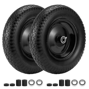 Imagem de Pneu de carrinho de mão plano livre de 4,80/10.2-20.3 cm, tamanho da roda de 36.8 cm, furo do eixo de 5/20.3 cm, cubo central de 7,6 cm, rolamentos de 3/10.2 cm, pneu sólido de substituição universal