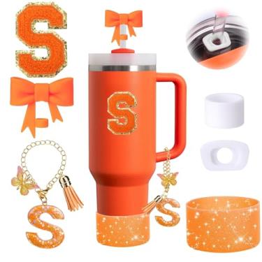 Imagem de Conjunto de 6 peças de acessórios de copo Stanley laranja adequado para Stanley Cup 850.5 g 1,134 g, incluindo tampa à prova de derramamento, bota de silicone brilhante, topo de palha em forma de