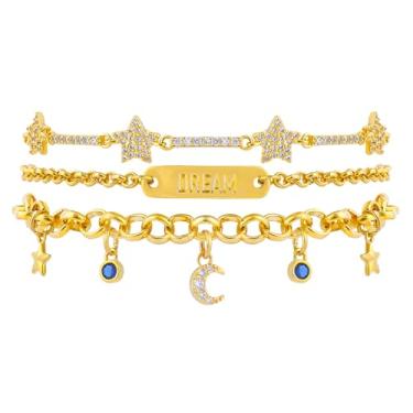 Imagem de MOONWALTZ Pulseiras femininas com berloque de ouro, 3 peças, banhado a ouro 14K, trevo da sorte, lua, estrela, gota, cristal, ferradura, pingente, pulseiras, conjunto de pulseiras ajustáveis, joias