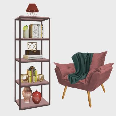 Imagem de Kit Poltrona Fatte com Manta Soft Verde e Estante Livreiro Ferro Marrom mdf Rose Suede Rose Gold - Ahz Móveis