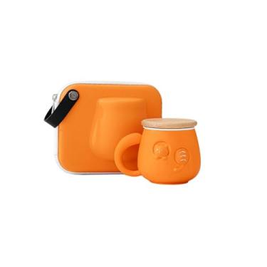 Imagem de Separador de chá de cerâmica de gato fofo de 380 ml/368.5 g, xícara de chá de trabalho pessoal - laranja Yuanqi - bolsa de viagem