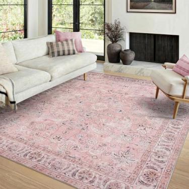 Imagem de Fashriend Tapete de área lavável à máquina 20 cm × 25 cm antiderrapante dobrável grande tapete para sala de estar quarto boêmio vintage rosa persa