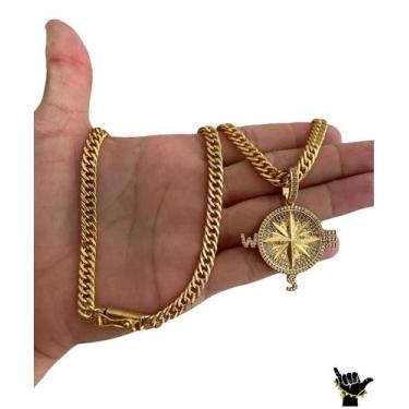 Imagem de Corrente Grumet 7Mm + Pingente Bússola - Banhado A Ouro 18K - Tojoia18