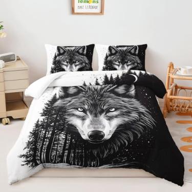 Imagem de AILONEN Conjunto de edredom solteiro preto e branco, estampa de lobo da floresta, 3 peças, animal selvagem, lobo macio com 2 fronhas