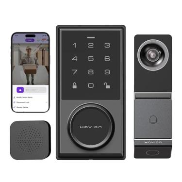 Imagem de Campainha de vídeo sem fio com conjunto de bloqueio inteligente - incluindo campainha, câmeras duplas, 5 MP 3K QHD, tela de 5 polegadas e eMMC de 32 GB, detecção de movimento e alerta em tempo real,