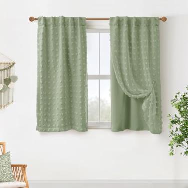 Imagem de Cortinas verdes com aba de pompom nas costas para quarto de meninas, quarto, banheiro, berçário, camada dupla, 86 x 113 cm de comprimento