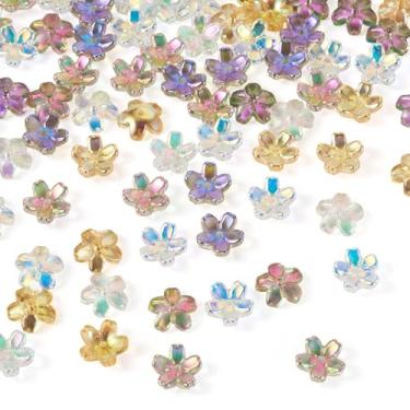 Imagem de Spritewelry 100 peças de tampas de contas de flores de vidro para fazer joias transparentes galvanizadas flores de vidro contas de arco-íris 5 pétalas pingentes de contas de flores para pulseiras