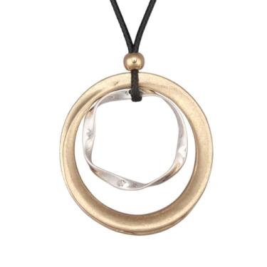 Imagem de AZORA Colar com pingente de vários anéis de cor bronze feito à mão, estilo boho, longo, de couro, para mulheres, Couro sintético, Sem Pedra Preciosa