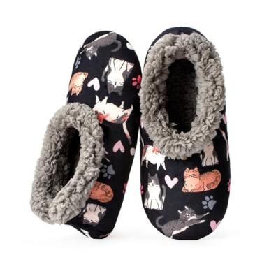 Imagem de cosyone1997 Pantufas femininas antiderrapantes para uso interno, meias felpudas com aderência, sapatos quentes de inverno, presentes aconchegantes para mulheres, Gato cinza, 5-6