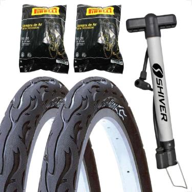 Imagem de PAR Pneu Bicicleta Kenda Flame Balão Aro 26 x 2.125 Liso Fogo + PAR Camara Pirelli + Bombinha manual