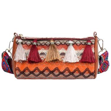 Imagem de DODAMOUR Bolsa transversal cilíndrica bordada Boho, borla colorblock Boston com alça geométrica ajustável, bolsa étnica compacta para telefone, batom e espelho (laranja)