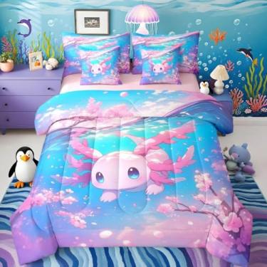Imagem de Axolotl Conjunto de cama infantil Kawaii Ocean Sealife 7 peças, solteiro, desenho animado, salamandra, com lençóis, fronhas e fronhas para decoração de quarto de mulheres e homens, réptil macio