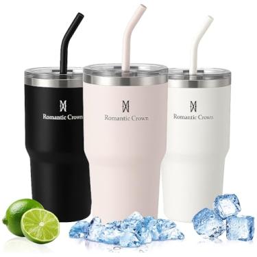 Imagem de Romantic Crown Copo Térmico com Aço inoxidável Canudo e Tampa 591ml, Copos Garrafas Termico para viagem isolamento a vácuo,Caneca Termica Cafe,Água,Chá,Presente,Fitness (Rosa claro-591ml)
