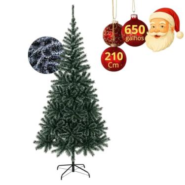 Imagem de Árvore de Natal 210 cm 650 Galhos Cheio Verde e Branco Base em Ferro Pinheiro Artificial