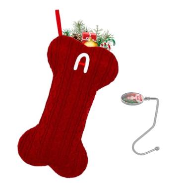 Imagem de guccde Meias de Natal personalizadas para animais de estimação com letra A grande osso de cachorro bordado monograma para decorações de família 1 peça vermelha