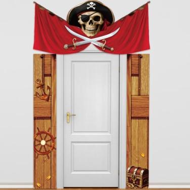 Imagem de Hahafelt Bandeira de porta de piratas, decoração de festa de pirata, chapéu de capitão, caveira, espadas cruzadas, bandeira de porta, sinal náutico para varanda, decoração de parede para caça ao