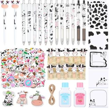 Imagem de 82 pçs conjunto de caneta de vaca retrátil caneta de tinta preta estilo garrafa fita correção vaca clipe de papel marcadores de vaca notas adesivas fofas adesivos de vaca para escola escritório lembrancinhas de festa