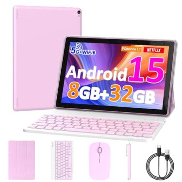 Imagem de Tablet Android 15 de 10 polegadas, 8 GB de RAM, 32 GB ROM, CPU quad-core potente, tela de resolução de 1280 x 800, câmera de 8 MP, bateria de 6000 mAh, tablets 2 em 1 com teclado, capa, mouse, laptop