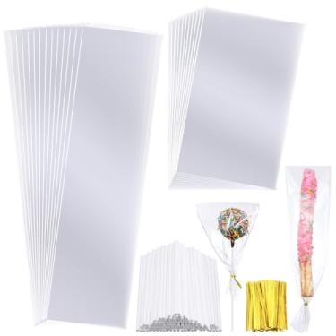 Imagem de Dunzoom 200 sacos de guloseimas transparentes de celofane incluem 100 sacos de pretzel, 100 sacos de bolo pop e palitos para varas de pretzel, picolé, pirulito, lembrancinha de festa de aniversário
