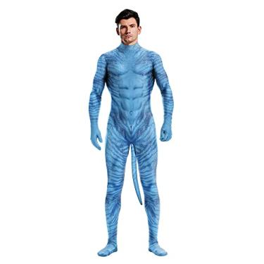 Imagem de Body de animal com cauda grande para homens e mulheres, macacão peludo, fantasia de gato, tema de Halloween, cosplay, festa, Azul avatar, M