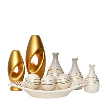 Imagem de Vasos Decorativos Para Sala,Enfeite 9 Vasos Peça Decorativo Kit Cerâmica Rack Sala Conjunto Completo Trio Casa Centro Mesa Dupla(DOURADO LISTRA 9PÇS)