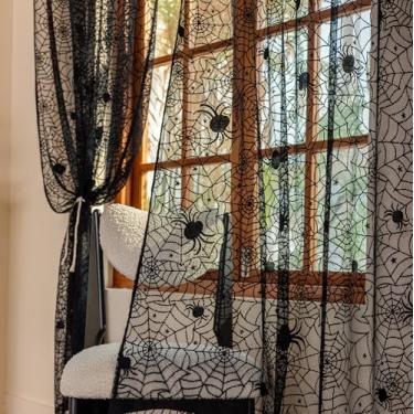 Imagem de Cortinas de renda preta 228,6 cm de comprimento, 2 painéis, cortinas transparentes góticas de Halloween para sala de estar, escritório, casa assombrada assustadora, janelas e portas, cortinas góticas