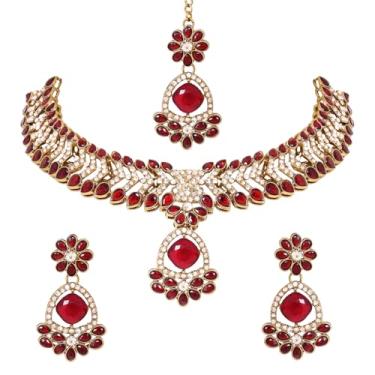 Imagem de I Jewels Colar de gargantilha floral e pedra de casamento indiano de Bollywood banhado a ouro com brincos e conjunto Maang Tikka para mulheres (J408M)