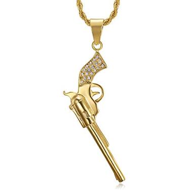 Imagem de Colar de aço inoxidável banhado a ouro 18K com pingente de arma para homens e mulheres, corrente de 61 cm, joia hip hop, punk rock, estilo militar, presente