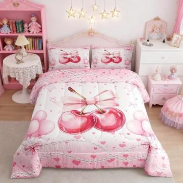 Imagem de Conjunto de edredom infantil de cereja com laço de pérola, coração de balão de pérola, edredom feminino, fantasia de princesa, rosa e vermelho, 2 fronhas