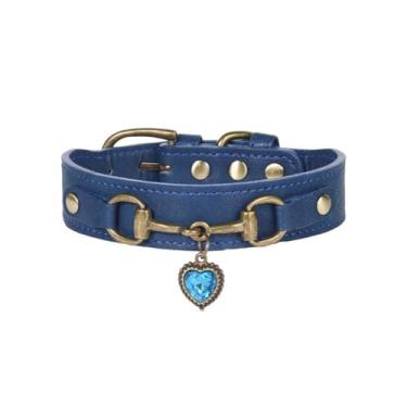 Imagem de WDPAWS Coleira retrô para cães com diamantes brilhantes e berloque – Colar de strass de couro PU ajustável com 5 furos, fivela de bronze para cães pequenos e médios menino macho – preto/azul/verde