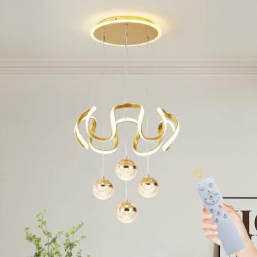 Imagem de Lustres modernos de LED dourado, luminária pendente de LED para sala de jantar, luminárias sobre mesa, reguláveis com controle remoto, lustres modernos ajustáveis para sala de jantar, cozinha, ilha