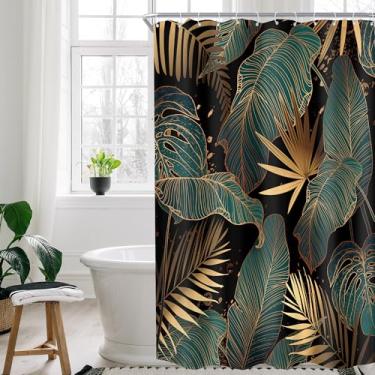 Imagem de Cinbloo Cortina de chuveiro Boho verde esmeralda 54Wx78H tenda única ouro preto moderno abstrato folhas de palmeira tropical Monstera conjunto de cortina de banheiro marrom natureza botânica banheiro