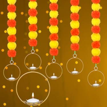 Imagem de Juinte 5 peças de guirlanda de calêndula para decoração de 1,5 m de comprimento, guirlanda artificial de flores de calêndula para festa Diwali casamentos indianos Pooja (suporte de vela de lótus)