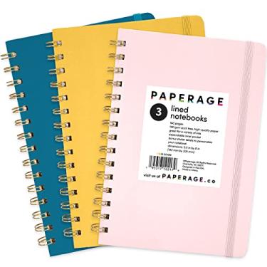 Imagem de PAPERAGE Caderno espiral pautado (Blush, amarelo, turquesa), pacote com 3, 160 páginas, médio 14,5 x 20,3 - 100 g/m² de papel, capa dura, espiral de fio duplo e caderno
