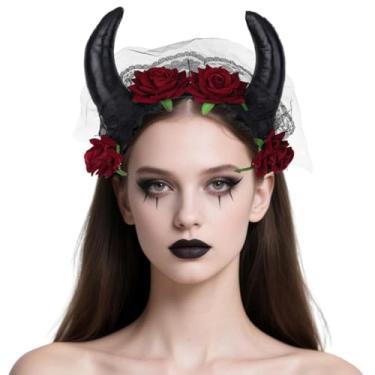 Imagem de JIE CARALL Devil Horns Headband Gothic Rose Flower Veil Lace Cosplay Horn Hair Hoop for Halloween Dress Up Party Costume Accessories