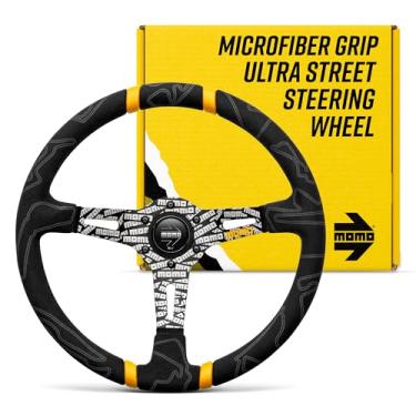 Imagem de Volante de rua MOMO – Ultra – Pegador de microfibra de corrida premium com listras centrais duplas amarelas e raios gravados MOMO preto – Peça # ULT35BK0BK