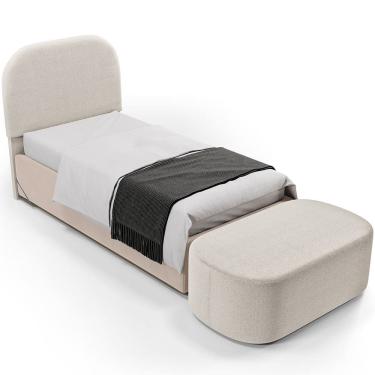 Imagem de Cabeceira Cama Box 100cm Lanna com Puff Recamier Doha W01 Bouclê Creme - Lyam Decor