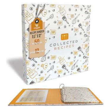 Imagem de Fichário de receitas, página inteira 3 anéis conjunto organizador padrão (com 50 protetores de páginas e 12 abas divisoras de categoria) da Better Kitchen Products, montagem preta e dourada de 29 cm x 30 cm