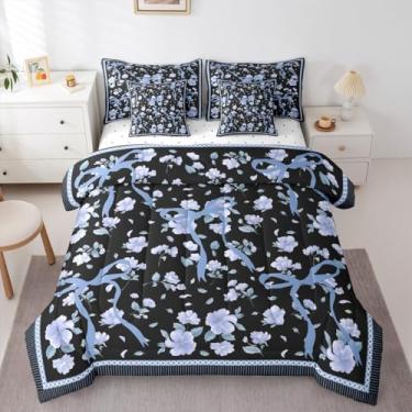 Imagem de Erosebridal Conjunto de edredom com laço floral, 7 peças, cama king size em uma bolsa, decoração de casa de fazenda, conjunto de cama para crianças, estilo pastoral, com laço e nó de laço, para