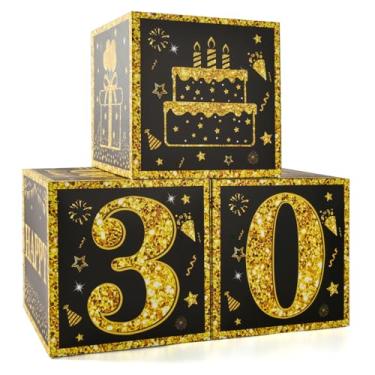 Imagem de 30 caixas de decoração de festa de aniversário para homens ou meninos - caixas de balões de feliz aniversário de 30 anos de ouro preto, suprimentos de festa de 16 anos para homens e meninos