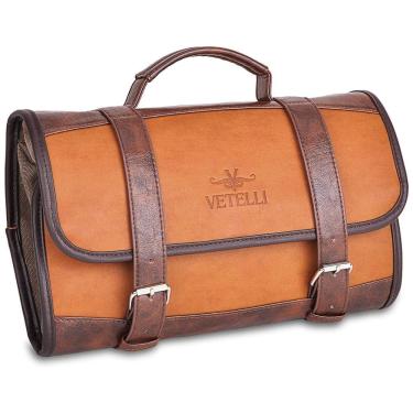 Imagem de Necessaire Masculina Vintage de Couro Sintético com Forro à Prova d, VETELLI V103, Marrom