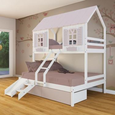 Imagem de Beliche Casal- Solteiro Casinha Bela 02 Gavetas Rosa Kit Escada-escorregador - Madeira Maciça Branco-rosa Megamobilia