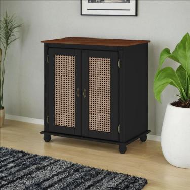 Imagem de Armário Balcão De Madeira 2 Portas Com Rattan E Pés Torneados - Preto Laca Com Tampo E...