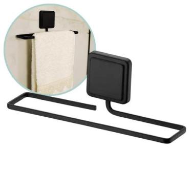 Imagem de Suporte Porta Toalha Banheiro Lavabo Toalheiro Adesivo 3M Preto Fosco 