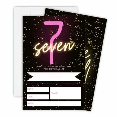 Imagem de 15 peças de convite de aniversário neon brilhante com 15 envelopes brancos combinando para meninos e meninas, lembrancinhas de festa de aniversário de 7 anos, suprimentos de decorações - OL-A86